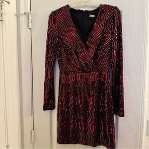 Alexia Admor Red Sequin Long Sleeve V-Neck Mini Dress M  Size 6 NY Eve T4 Euc